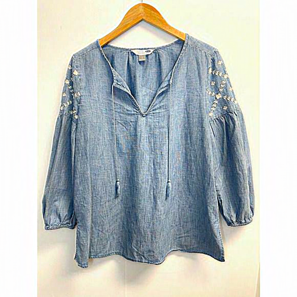 Old Navy Womens Size S Chambray Embroidered Tunic Top Balloon Sleeve Tassel Blue